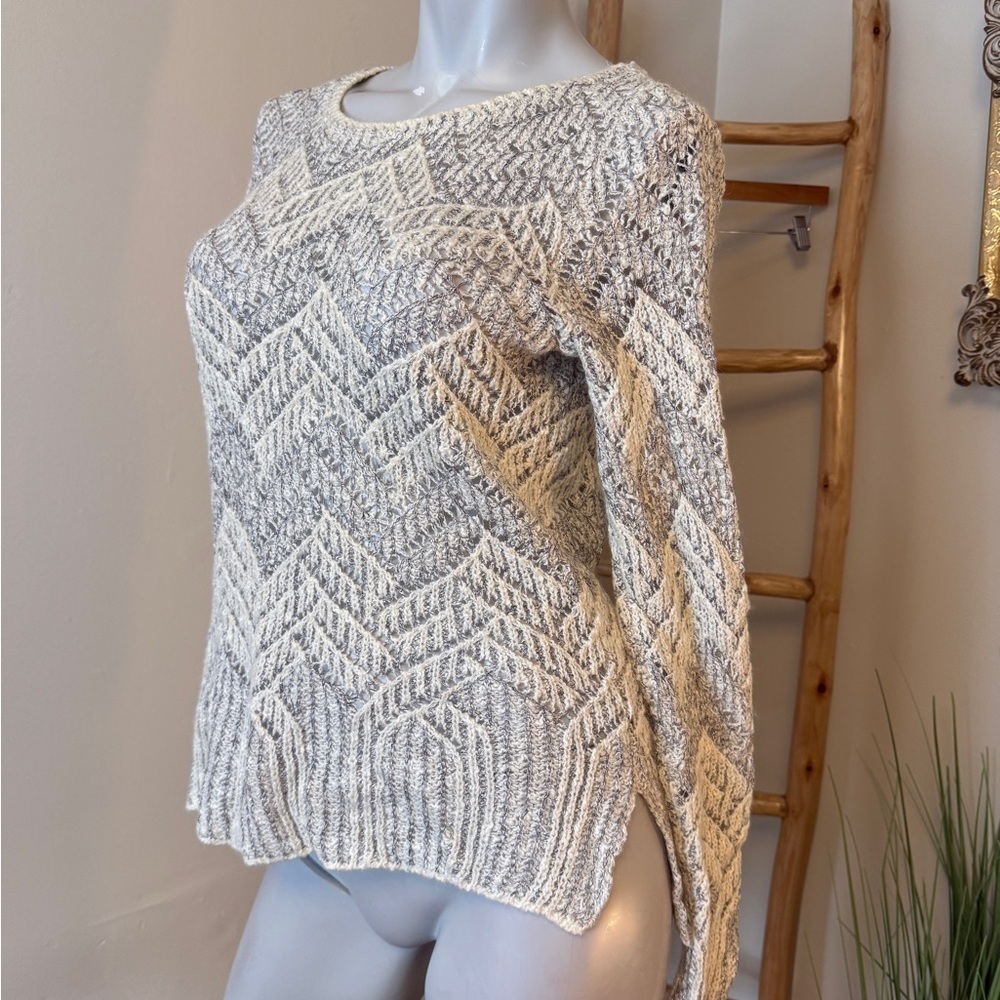 LUCKY BRAND Womens Metallic Silver Chevron Stripe Open Knit Sweater Size Small - Picture 2 of 7